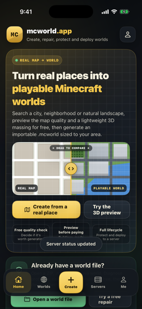 mcworld.app home page: turn real places into playable Minecraft worlds