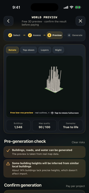 Low-resolution 3D world preview before payment—rotate, look top-down, toggle layers and day/night