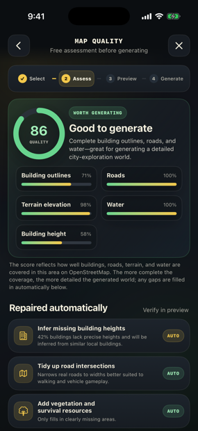 Map quality score page showing a score of 82 and coverage for buildings, roads and waterways
