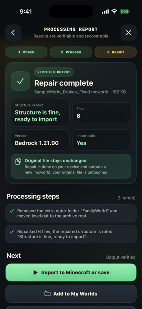 World repair report—repair complete with the original file unchanged