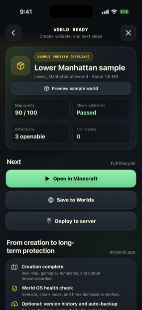 World creation complete page—generated and verified, ready to open in Minecraft